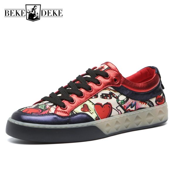 

fashion mens graffiti printed sheepskin real leather flats casual shoes 2019 new man round toe lace up trainers sneakers shoes, Black