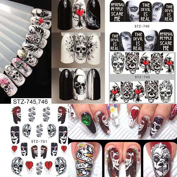 

25pcs/lot designs halloween self-adhesive nail sticker water transfer decals for manicure nail art horror cool skull ghost pumpkin decor