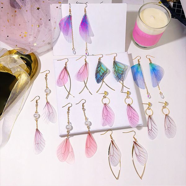 

korean multiple butterfly wings drop earrings asymmetric imitation pearl crystal long tassel earrings for women jewelry gift, Silver