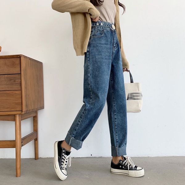 

loose jeans woman 2020 new fashion thin solid color big buckle straight pants wool side jeans long pants women high waist woman, Blue