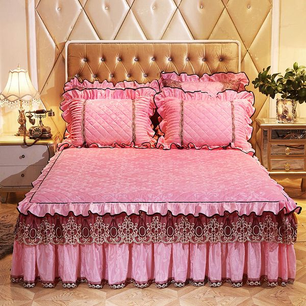 

1/3pcs princess lace bed skirt features new velvet sheets pillowcase wedding romantic bedding