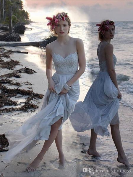 

light grey designer beach country wedding dresses chiffon illusion neck appliques beaded bridal gowns holiday summer covered, White