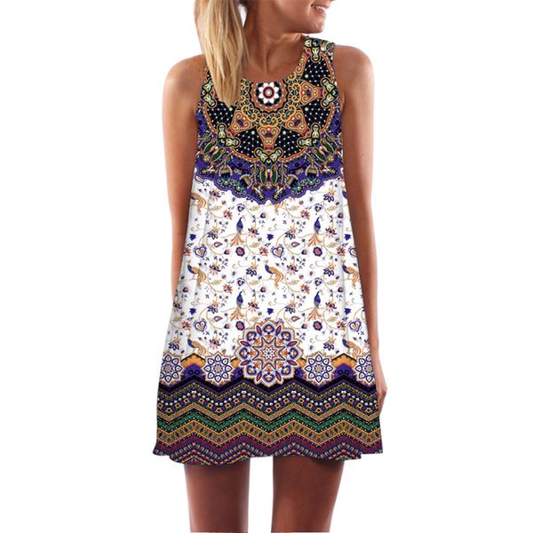 

women loose summer vintage sleeveless 3d floral print bohe tank short mini dress 0522, White