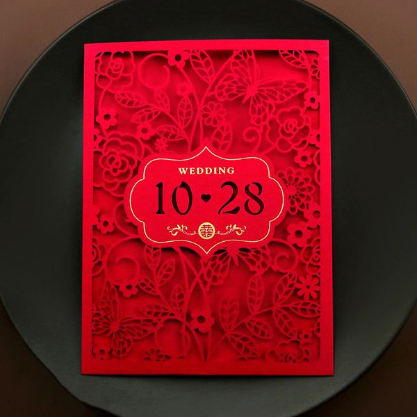 

20pcs red china wedding invitation card designs personalized butterfly flower laser cut wedding invitations customized printing