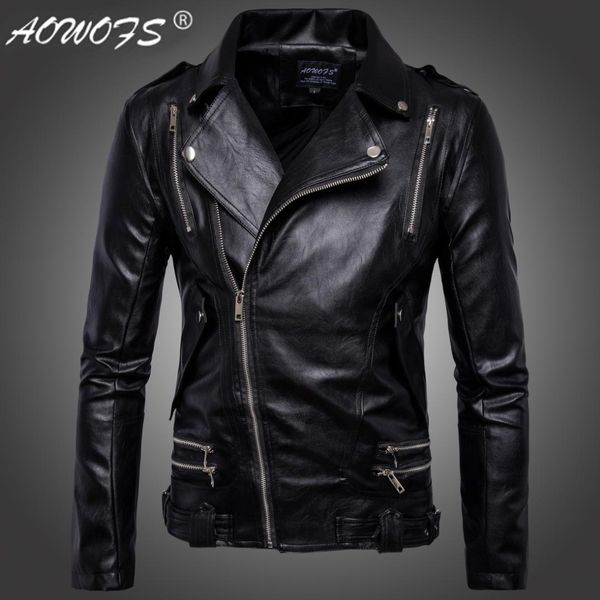 

code] european selling men fold-down collar multi-zipper men's leather clothing leather coat jacket b016, Black