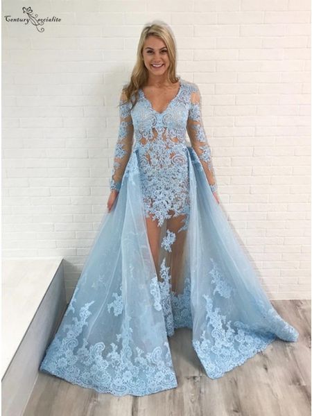 

sky blue mermaid evening dresses with detachable train long sleeves lace appliques illusion organza party dress prom gowns 2019, White;black