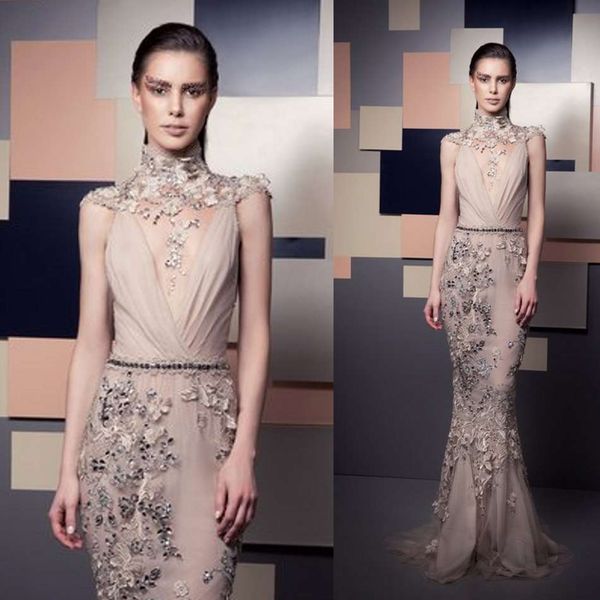 

ziad nakad 2019 вечерние платья высокая шея кружева аппликации бусины блестки лиф платья выпускного вечера развертки поезд формальные платья, Black;red