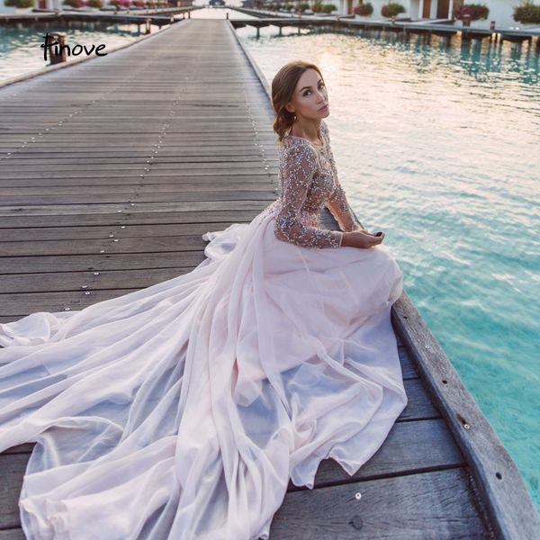 

finove romantic pink prom dress 2019 illusion crystals beaded long sleeves chiffon a line bridesmaid dress robe de soiree, Black