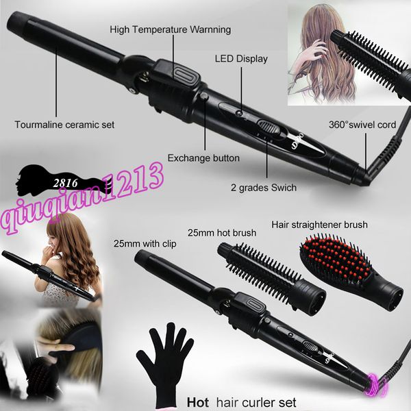 3 em 1 Professional Hair Curling Irons Straightener pente portátil intercambiáveis ​​Barrel Curly Wavy Curler Wand endireita Escova presente