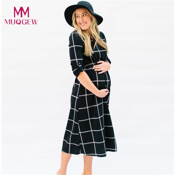 

new fashion maternity t-shirt dress pregnant maternity clothes casual nursing boho chic tie long sleeves plaid pregnancy clothes y190522, White