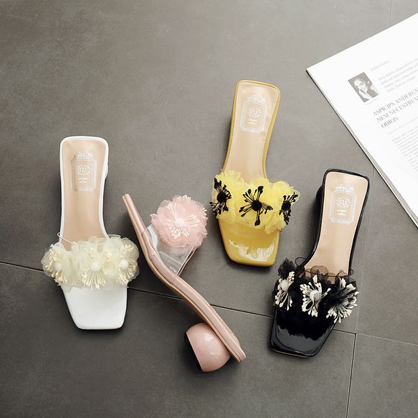 

summer strange heels slippers women clear sandals appliques shallow slides pvc transparent shoes zapatos mujer yellow pink white, Black
