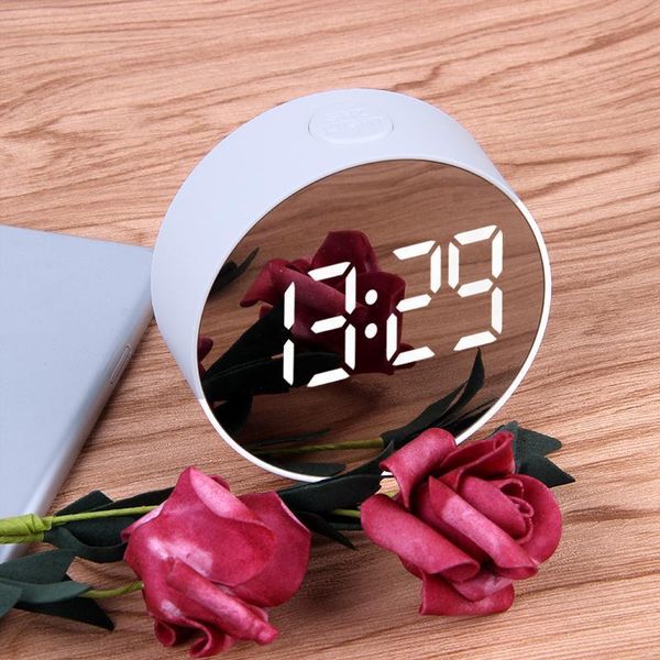 

round led mirror alarm clock digital table clock night light snooze with temperature electronic despertador home decor
