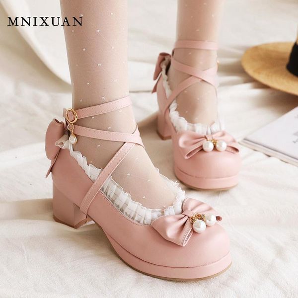 

japanese cosplay girls pumps blcok heels 2020 new round toe sweet platform butterfly-knot women pink mary jane shoes size 34-43, Black