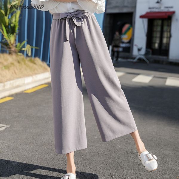 

women 2019 chiffon high waist wide leg tie bow pants drawstring sweet elastic waist loose ankle-length pants trousers pantalones, Black;white