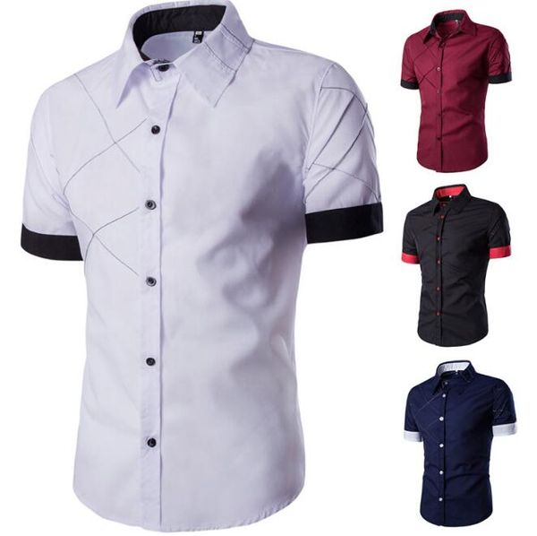 

new men's mesh alignment stitching contrast color short-sleeved shirt large size slim men's shirt, White;black