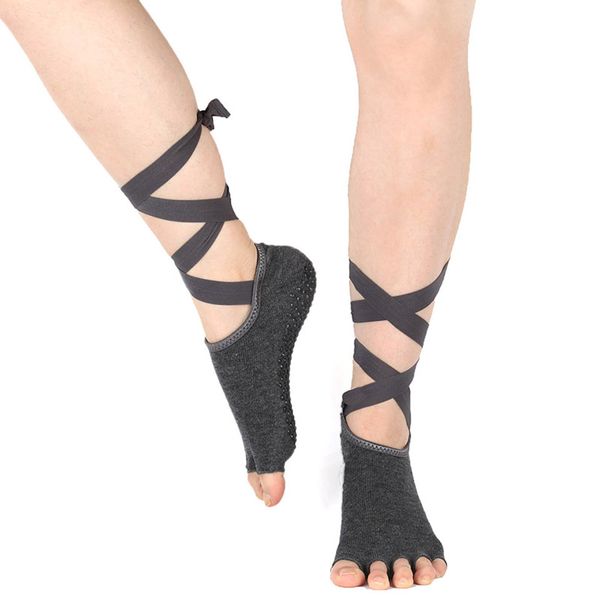

1pair yoga socks cotton women straps half toe pilates non slip skid sock for girl dance ballet barre bikram workout grip socks, Black