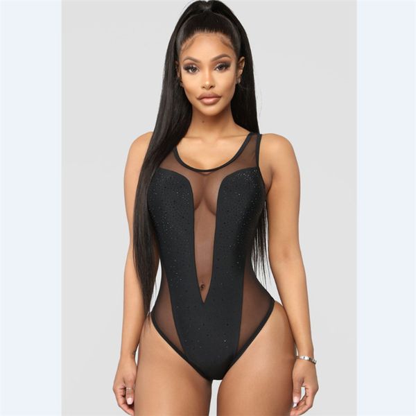 

women one piece swimsuit see through swimwear female solid black white plunge mesh bodysuit leotard swimming suit beachwear