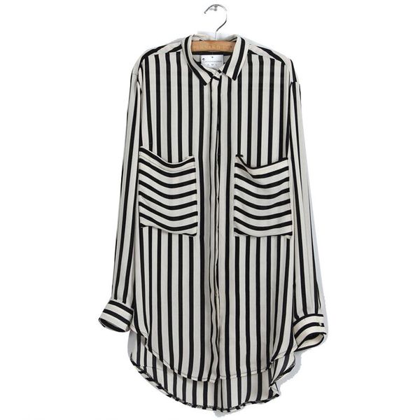 

formal blouses long sleeve button down women's shirt vertical striped chiffon pocket career rk, White