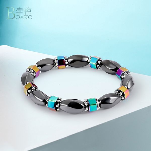 

boako black hematite stone beads bracelets for women men weight loss magnetic therapy bracelet stretch health care bracelet b40, Golden;silver