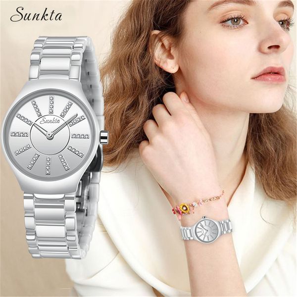 

new sunkta women's watch stainless steel women's saterproof watches fashion sports ladies dress bracelet watch, Slivery;brown
