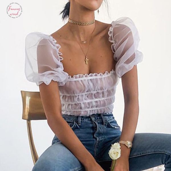 

puff sleeve white summer sheer off shoulder see lace through elegant short sleeve ruffle tunic blouse women