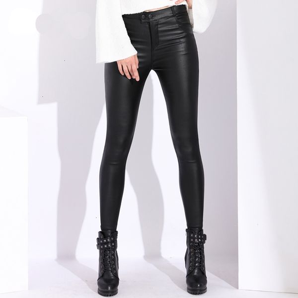 

women's autumn leather pants women female winter high waisted pants leather trousers women pu skinny stretch pencil pantalons, Black;white