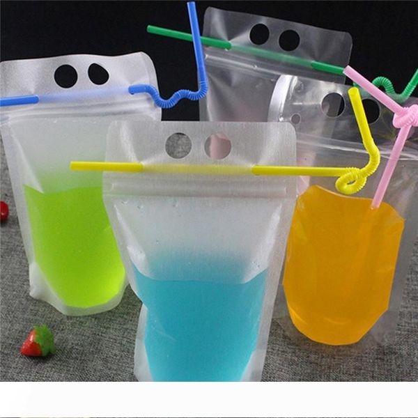 

100pcs clear drink pouches bags frosted zipper stand-up plastic drinking bag with straw with holder reclosable heat-proof
