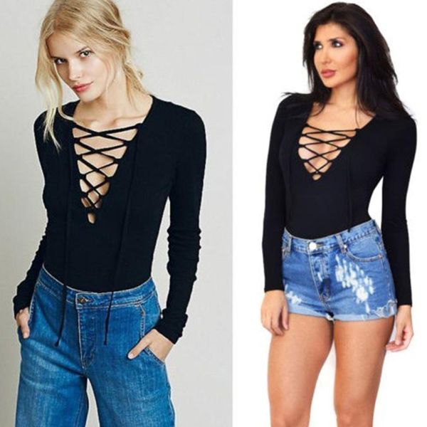 

spring women long sleeve t-shirt deep v neck bandage women lace up tees harajuku shirt slim neckline tieing tee tshirt, White