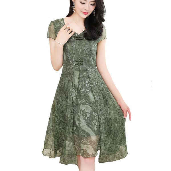 

New Women Plus Size Vintage Dress Short Sleeve V Neck Chiffon Dresses Party Casual Elegant Women Dress