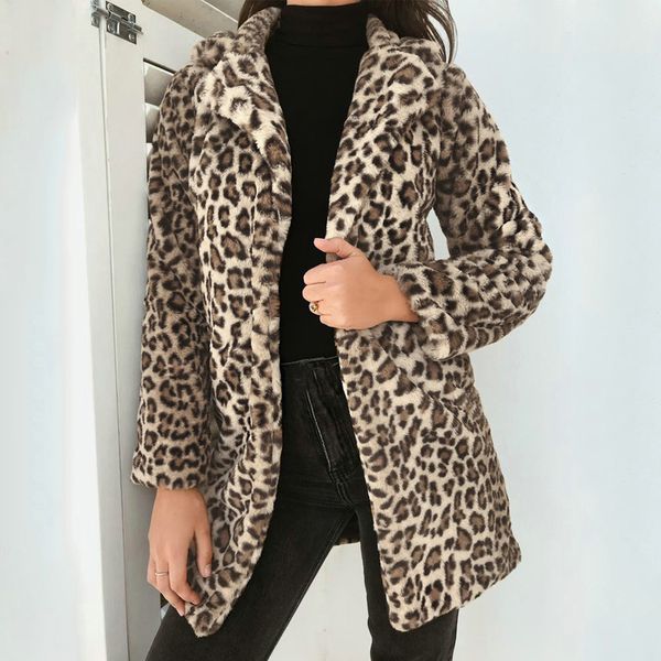 

leopard printed plush open stitch coats women 2020 fall winter turn-down collar long sleeve faux fur jacket lady streetwear, Black