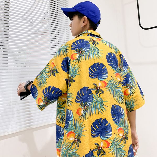 

2020 korean designer mens clothing with pocket shirts loose fit hawaiian shirts for holiday mens floral print short sleeve shirt, White;black