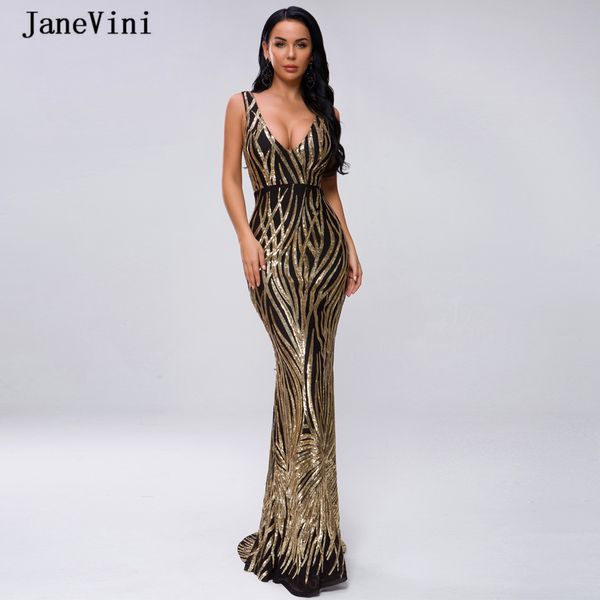 

janevini black gold mermaid evening dresses deep v neck sleeveless bling sequins african long party gowns gala jurken dames, White;black