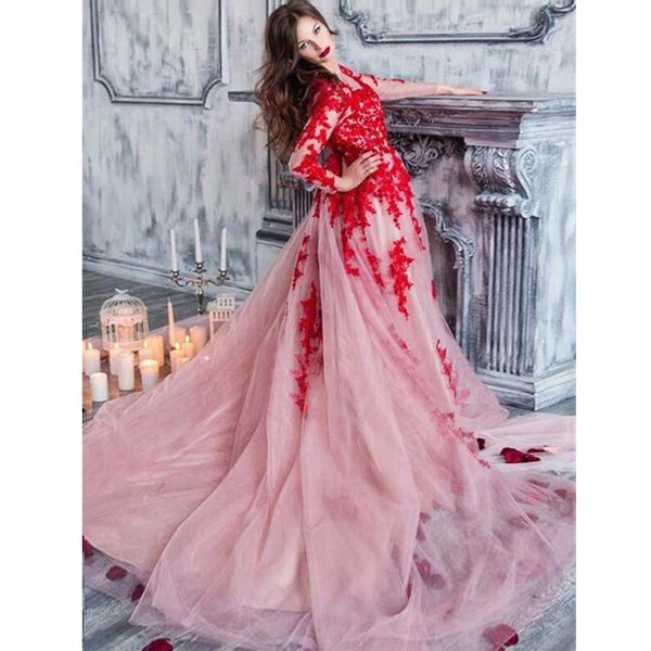 

eye-catching scoop lace appliques red wedding dress long sleeved open low v back red bridal gown vestidos de novia para boda civil, White