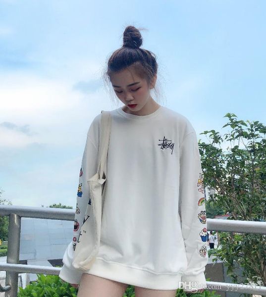 

women's jersey harajuku hip hop hoodie fashion new classic embroidery logo thin section terry material round neck lovers pullover, Black