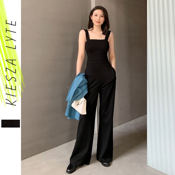 

2020 summer women long jumpsuits casual black strap strappy pockets wide leg jumpsuit overalls female, Black;white