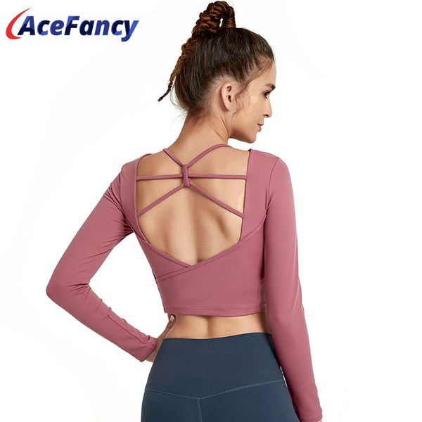 

yoga outfits women removable pads long sleeve female gym workout vital stretchy fitness shirts backless activewear yjy20-1, White;red