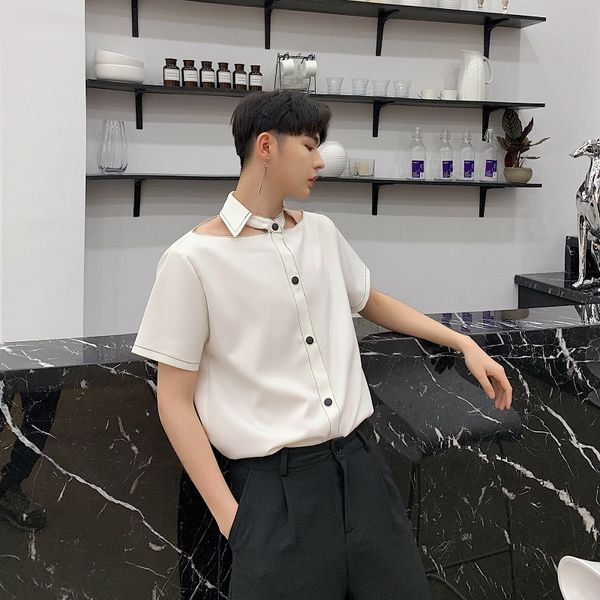 

men summer hollow short sleeve casual white shirt male women fashion streetwear party dress shirt stage show clothing, White;black