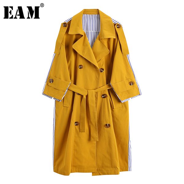 

eam] button bandgae striped pocket women trench new lapel long sleeve loose fit windbreaker fashion autumn winter 2019 jz223, Tan;black