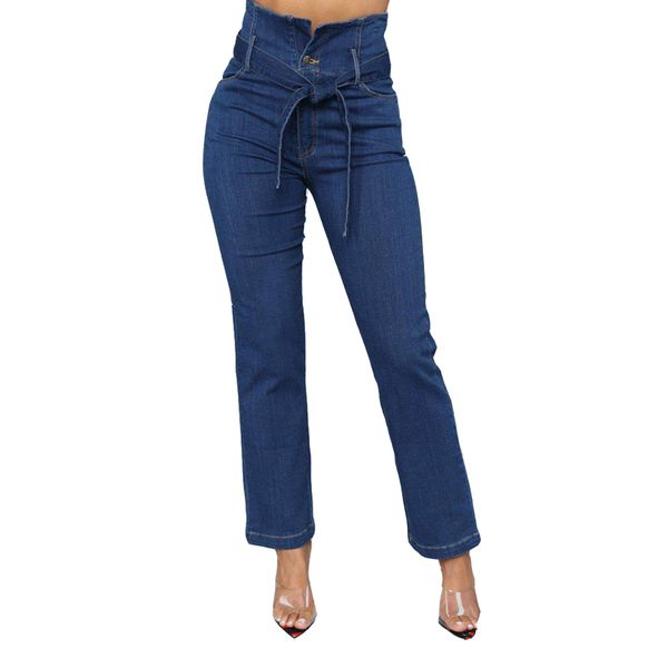 

2019 new woman slim straight pants blue high waist belt stretch jeans wide leg pants loose fit trousers