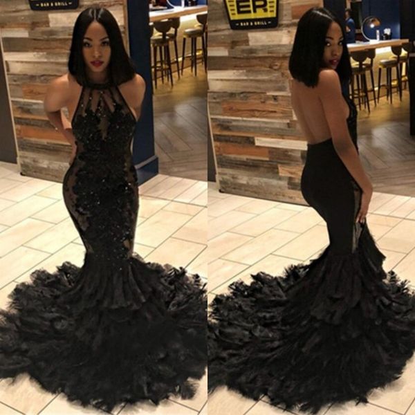 

black mermaid prom dresses jewel sheer neck illusion lace appliques backless cocktail party gowns sweep train tiered evening dresses
