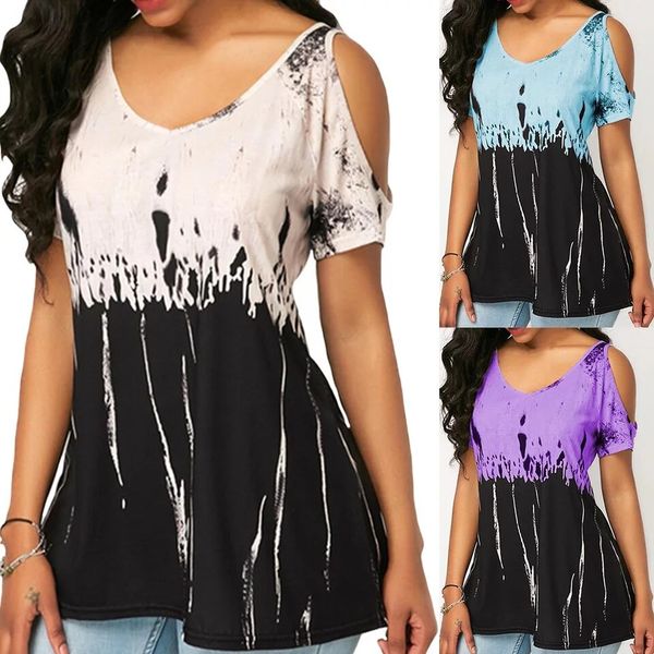 

women t-shirts splice hit color short sleeve summer loose casual printed v-neck 2019 summer new style tees, White