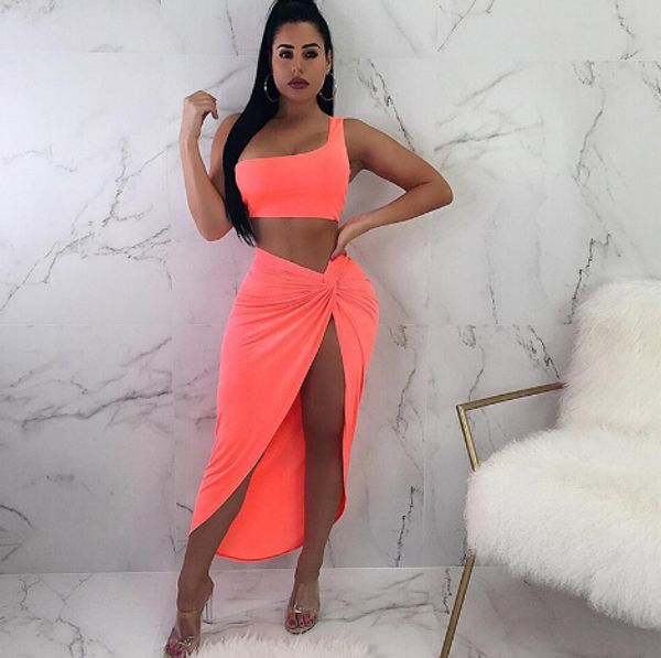 

neon color two piece set dress for women one shoulder side ruched high split dress female bandange vestidos, White