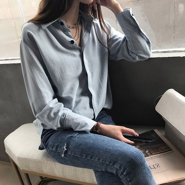 

2019 summer casual shirt women loose long sleeve lapel blouse loose rk, White