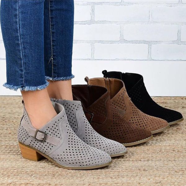 

retro hollow belt buckle ankle boots woman shoes new 2020 high heeled single shoes side zipper bare boots zapatos de mujer drop, Black
