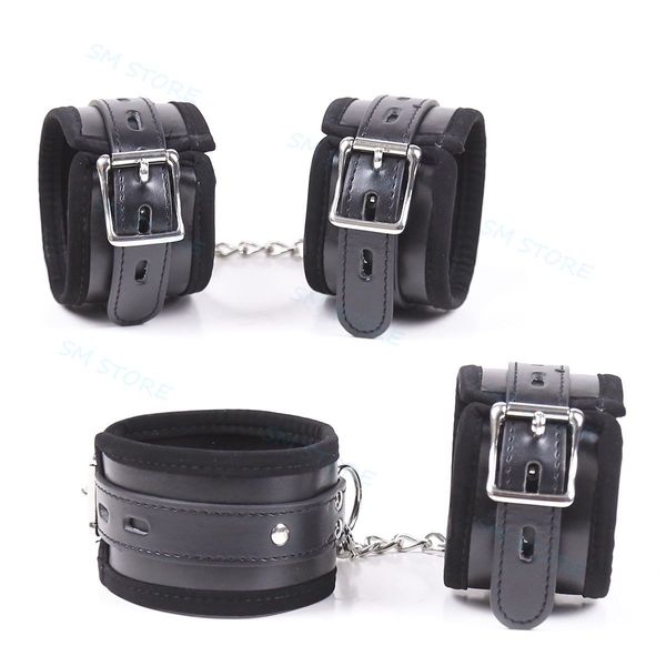 Bondage Black Pu Leather Fetish WristCuffs Handcuff Tornozeletes com fivela de bloqueio de restrição #R52