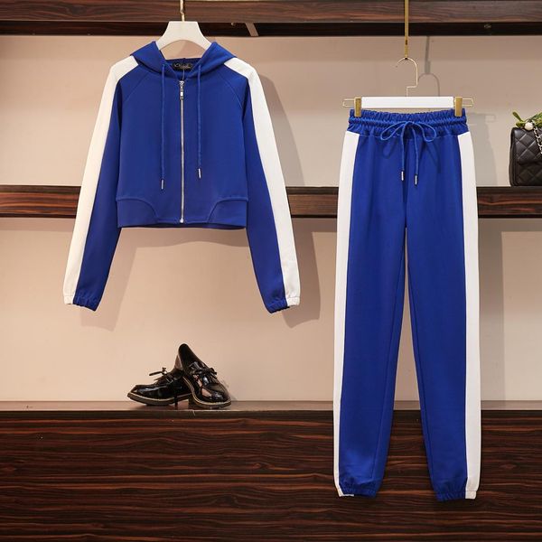 

100kg can wear women sport suit zip up hoodie jacket+sweatpant casual jogger running fitness workout set sportswear sweatsuits, Black;blue
