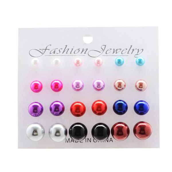 

12 pairs white simulated pearl earrings set for women jewelry on ear ball stud earrings kit, Golden;silver