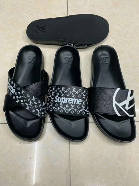 

Mix 50 models 2019 Designer leather slipper sandals size 38-46 men top Leather open toe wide slipper with box luxury slipper mix 30 models