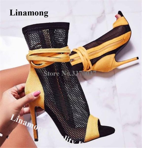 

linamong yellow black mesh patchwork stiletto heel short gladiator boots peep toe lace straps high heel ankle booties