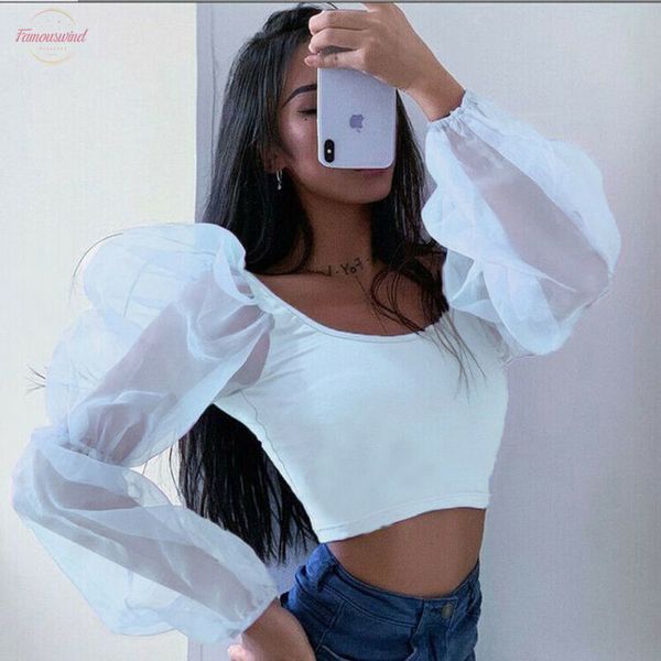 

womens clothing women slim fit long sleeve cropped blouse sheer tee casual shirts mesh puff sleeve, White
